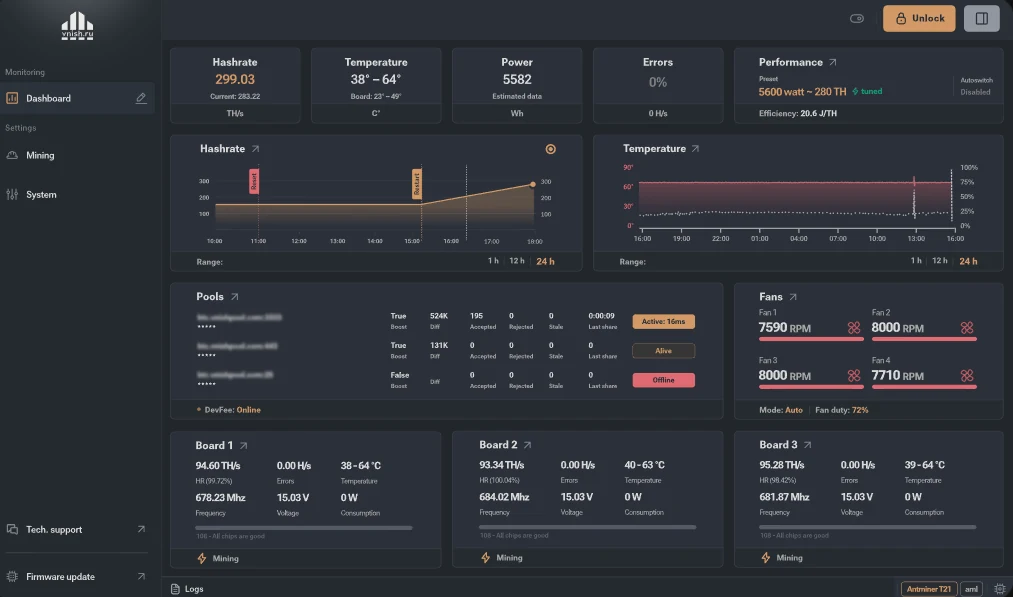 Interface do sistema Vnish